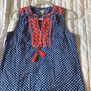 A blue and hot pink blouse from J.Crew